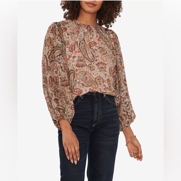 SALE! Tan Vince Camuto Paisley Patterned L/S Blouse Size 3X EUC - Picture 6 of 7